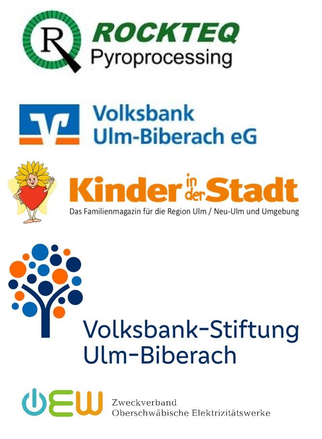Logos der Förderer der JUB: Rockteq, Volksbank Ulm-Biberach eG, Kinder in der Stadt, Volksbank-Stiftung Ulm-Biberach, OEW